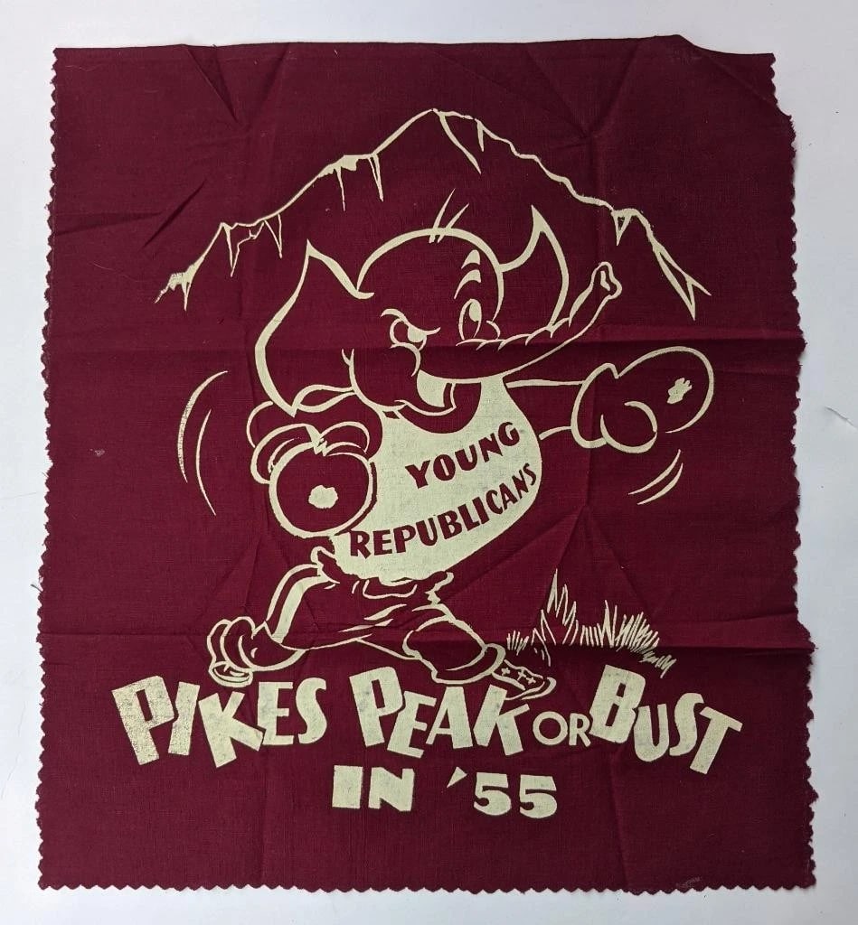 VINTAGE 1955 PRINTED FABRIC for YOUNG REPUBLICANS - PIKES PEAK or BUST, ELEPHANT: VINTAGE 1955 PRINTED FABRIC for YOUNG REPUBLICANS - PIKES PEAK or BUST, ELEPHANT VINTAGE 1955 PRINTED FABRIC for YOUNG REPUBLICANS - PIKES PEAK or BUST, ELEPHANT Vintage 1955 Republican Party Memorabi