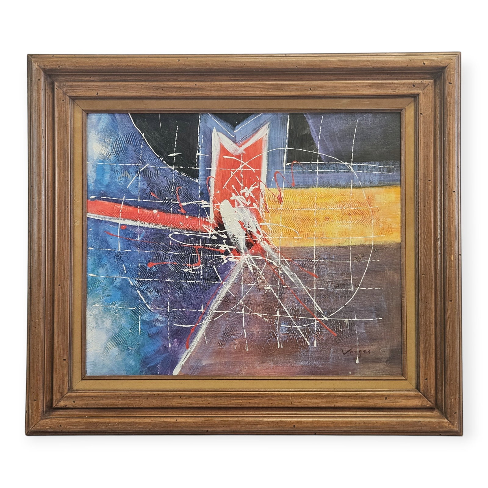 Abstract Composition: Title: Abstract Composition Measurements: 32 x 28.5 inches (framed). This is a powerful and visually arresting original painting by the artist Verges, a compelling example of expressive abstract art. 