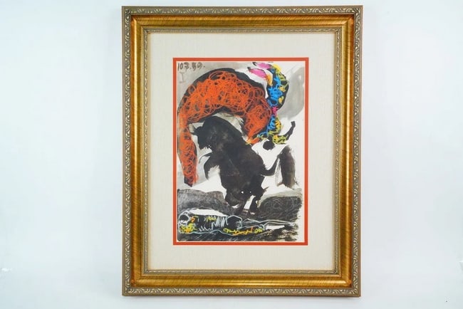 Pablo Picasso (After) Matador and Bull Print from the Estate of Prince Lorenzo de' Medici: Title: Pablo Picasso (After) Matador and Bull Print from the Estate of Prince Lorenzo de' Medici Measurement: 23 x 19 inches (framed). This is a truly unique opportunity to acquire a print of one of t