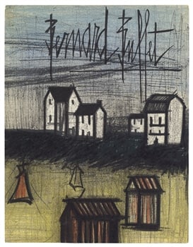 Bernard Buffet original lithograph "A Small Beach": Medium: original lithograph. Printed in Paris in 1968 by the Mourlot Freres atelier for the front cover of the Mourlot catalogue raisonne of Bernard Buffet lithographs. Size: 12 1/4 x 9 1/2 inches (31