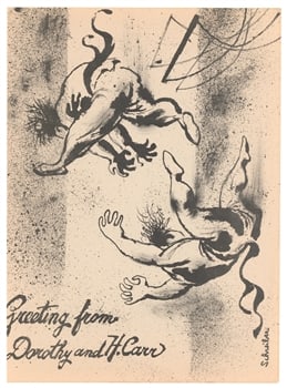 Georges Schreiber original lithograph: Medium: original lithograph. This lithograph was printed in 1951 for the "Improvisations" portfolio, published by the Artists Equity Association of New York on the occasion of the 1951 Spring Fantasia