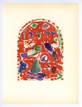Marc Chagall "Tribe of Zebulun" Jerusalem Windows lithograph: Medium: lithograph (after the watercolor). Printed in 1962 at the Mourlot atelier for "Jerusalem Windows". This piece was executed by Chagall in preparation for his famous stained-glass windows for th