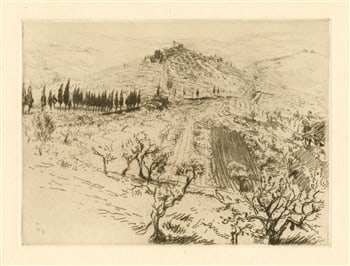 Edgar Chahine original etching "San Gimignano Colline Poggio": Medium: original etching and drypoint. This impression in sepia on watermarked laid paper was printed in 1907 and published in Paris for the Revue de l'art ancien et moderne. Plate size: 6 x 8 1/4 inc