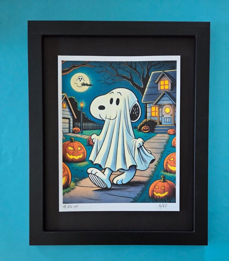 AIDAN FLUX Hand Signed Authentic Print 14x11in. Framed Snoopy Halloween | COA: This is a one-of-a-kind Hand Signed Authentic Giclee by AIDAN FLUX. From his Series "American Icons" The artist has created a stunning piece of art that features a powerful message about women's empow
