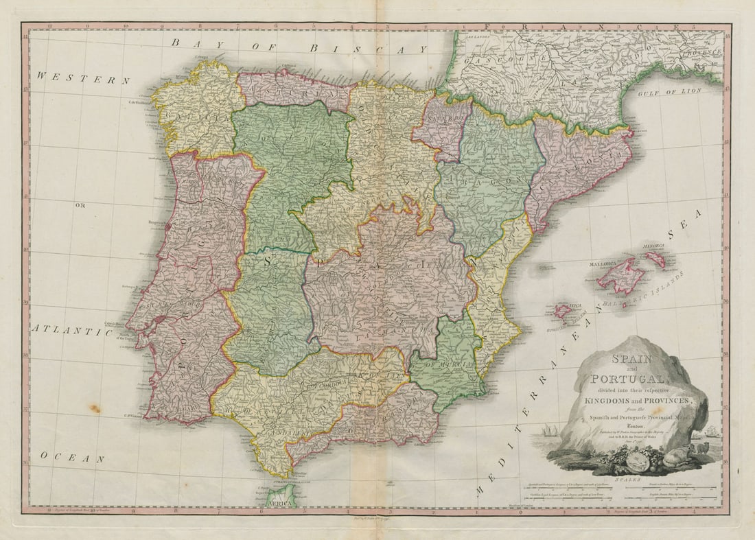 Spain and Portugal divided into their respective Kingdoms… FADEN Iberia 1796 map: Spain and Portugal divided into their respective Kingdoms and Provinces from the Spanish and Portuguese provincial maps' by Faden, William. Published 1796. Large antique atlas map, printed on thick, g