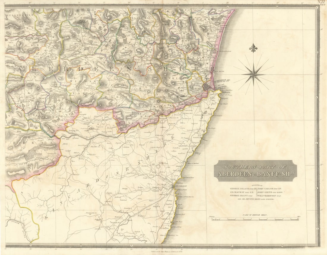 Aberdeen & Banffshires south-east. Inverurie Dyce. THOMSON 1832 old map: [Southern part of Aberdeen & Banff-shrs. - east sheet] [Aberdeenshire]. Places named on the map include: Aberdeen, Inverurie, Dyce . Published by John Thomson. Engraved by E Butterworth. Attested