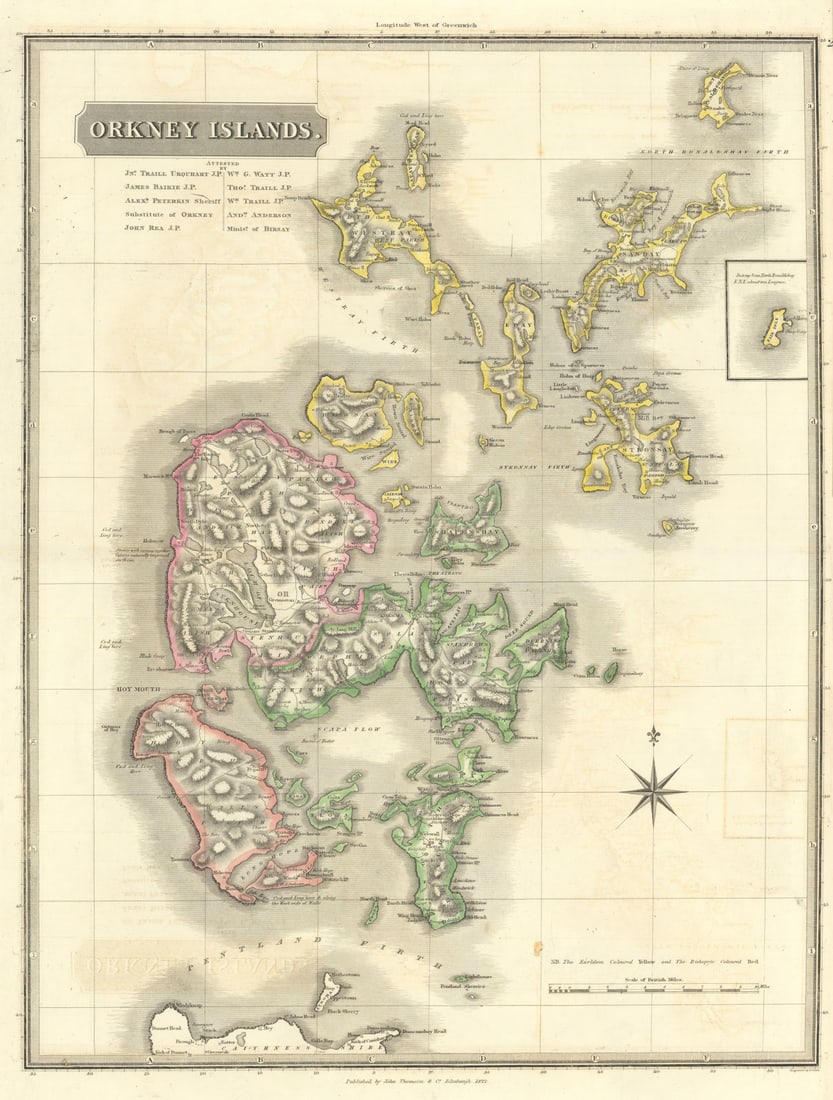 Orkney Islands. Kirkwall. Scotland. THOMSON 1832 old antique map plan chart: Orkney Islands'. Places named on the map include: Kirkwall . Published by John Thomson. Engraved by T Clark. Attested by Jno. Traill Urquhart J.P.; James Baikie J.P; Alex Peterkin, Sheriff; Substitute