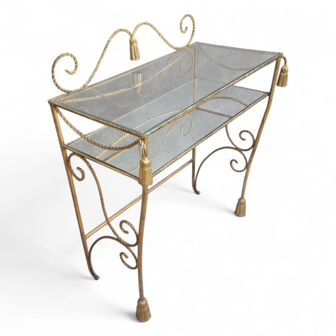Antique Italian Two Tier Gilt Rope with Tassels Vanity/Dry-Bar Console Table: Antique Italian Two Tier Gilt Rope with Tassels Vanity/Dry-Bar Console Table This is a stunning addition to any elegant space. The two-tier structure provides ample space for displaying decorative ite