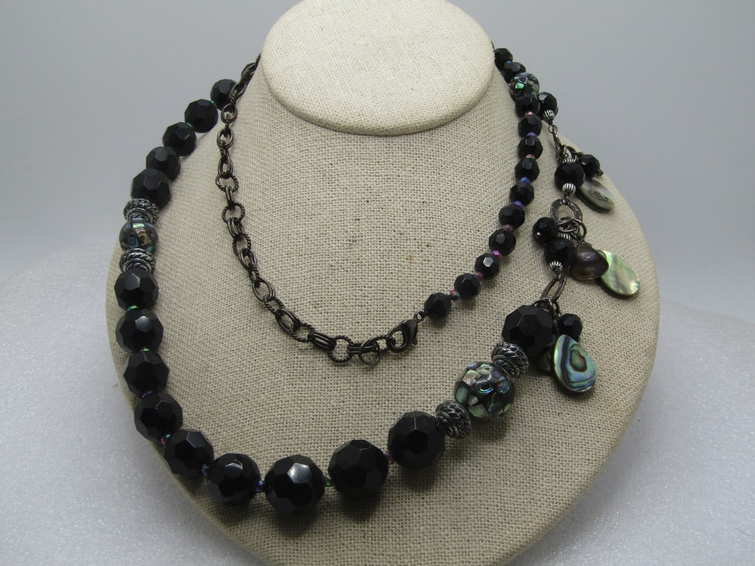 Vintage Black Glass & Abalone Necklace, 34", 1980's-1990's: Vintage Black Glass & Abalone Necklace, 34", 1980's-1990's. Faceted black glass round beads that re appx. 7.5mm to 13.5mm with peacock aurora borealis round beads between each of the lbeads. There are