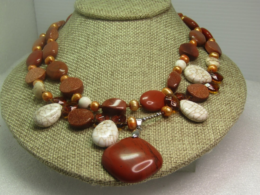 Double Strand Goldstone,Jasper/Agate, Glass Beaded Necklace, 16"/18", 1990's. 18ktGP (1 of 8)