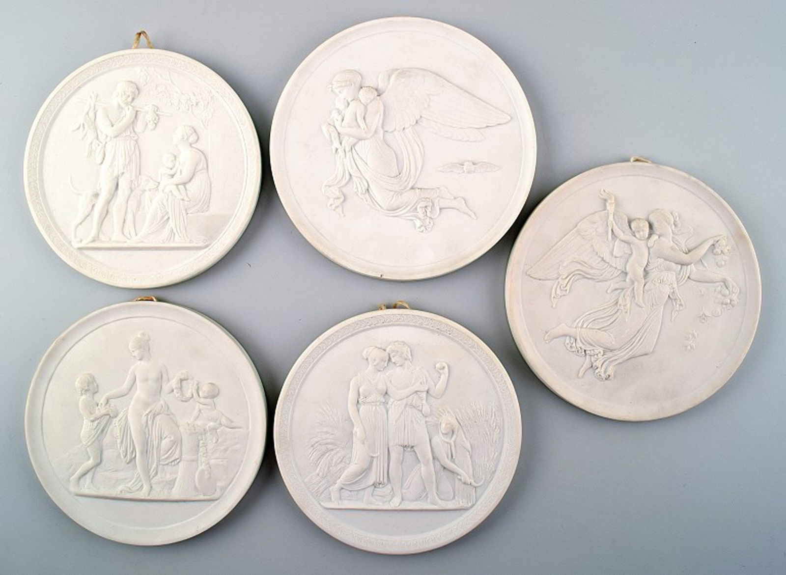 5 Royal Copenhagen biscuit plaques after Thorvaldsen.: 5 Royal Copenhagen biscuit plaques after Thorvaldsen. Measures 13.5 to 15 cm. Hallmarked. In perfect condition, 1st. factory quality. Reserve: $210.00 Shipping: Domestic: Shipping rates are determined