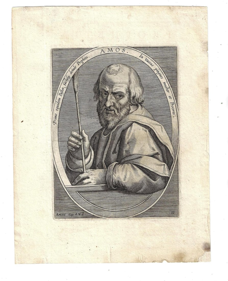 1640 Old Master Engraving Prophet Amos: An engraving by Cornelis Galle (1576-1650) after Jan Van der Straat of the prophet Amos circa 1640 with platemark 11. Part of a series of prophets of the old testament. Fine condition, measures 7.5 x 