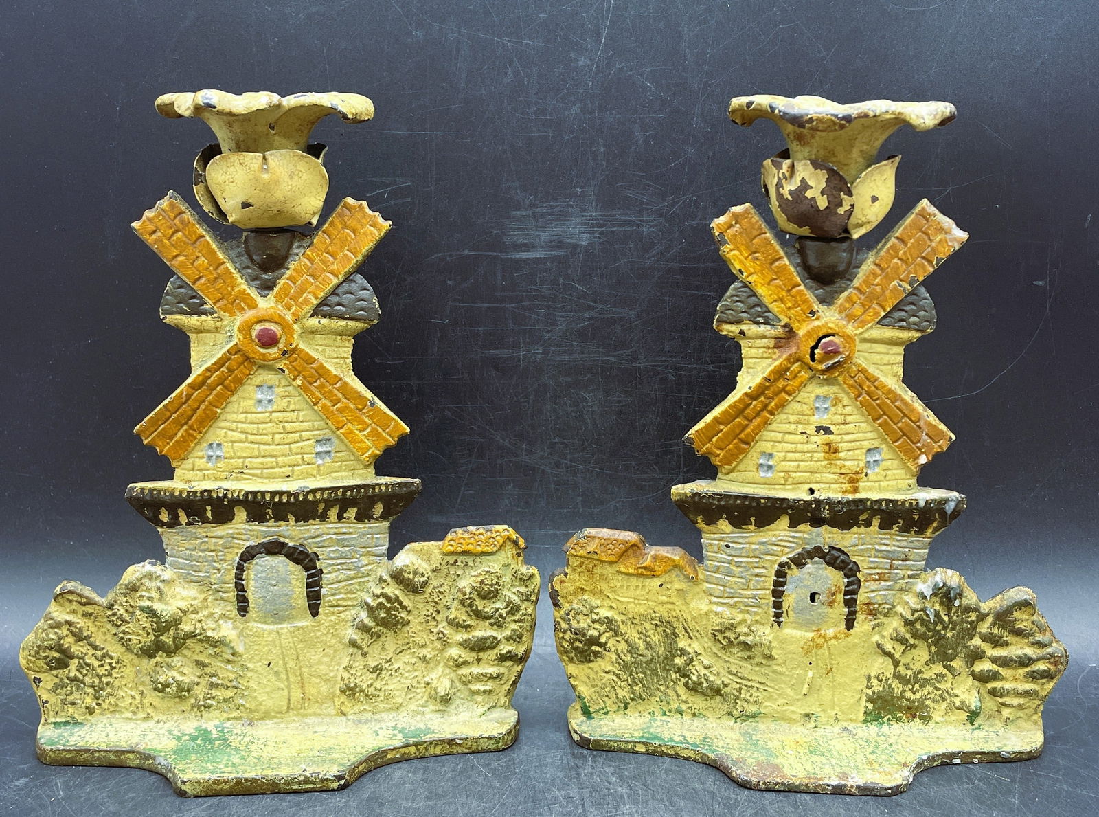 Old Cast Iron Candle Holder Pair Tulip Windmill Double sided (1 of 8)