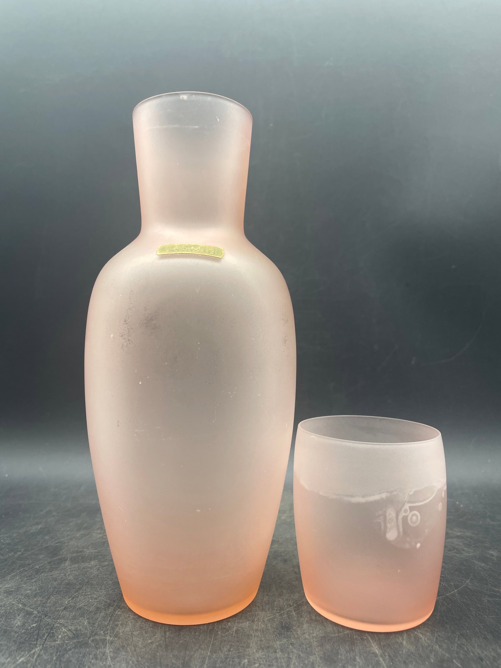 Vintage Jasmin Satin Glass Floral Tumble Up Bedside Water Set: Title: Vintage Jasmin Satin Glass Floral Tumble Up Bedside Water Set Date/Period: Dimension: Approx. 8.5 x 3.5 Material: glass Additional Information: Jasmin PINK SATIN GLASS TUMBLE UP WATER NIGHTSTAN