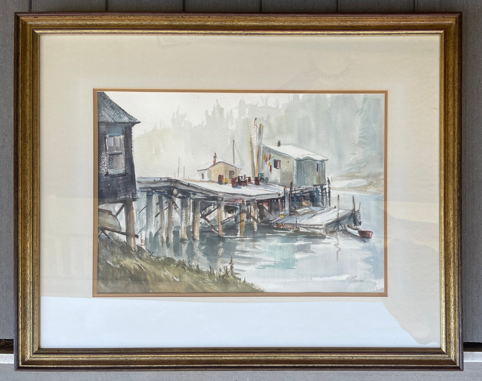 Fishing Pier Watercolor Painting Signed Grosse: Title: Fishing Pier Watercolor Painting Signed Grosse Date/Period: unknown Dimension: Approx 20 x 16" framed Material: watercolor Additional Information: Fishing Pier Watercolor Painting Signed Grosse