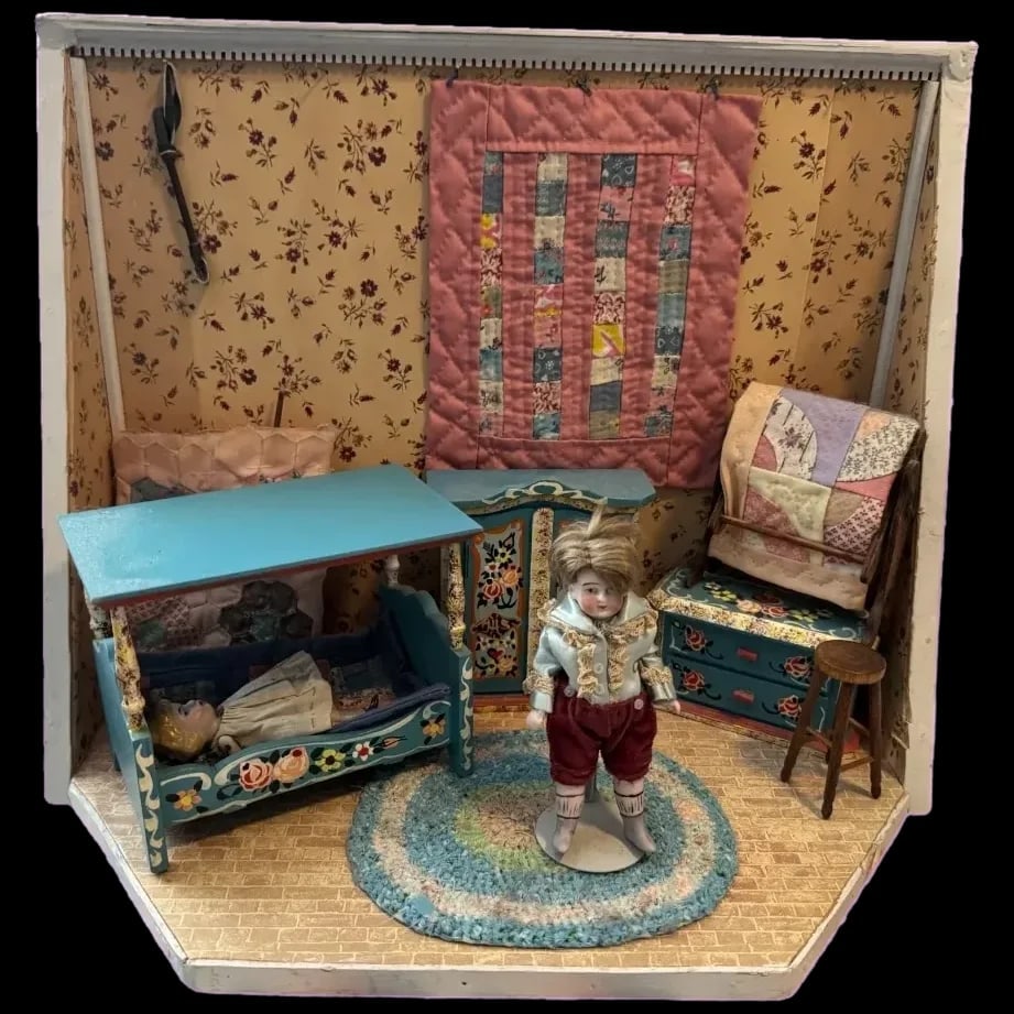 Antique Room Box FILLED W/ German Miniatures Furniture WONDERFUL Quilts,Bisque Dolls: Antique Room Box FILLED W/ German Miniatures Furniture WONDERFUL Quilts,Bisque Dolls, This is my favorite Antique Room Box. This is wonderful Room Box, this is made of wood and has hand made miniature