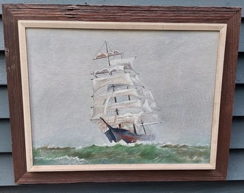 Oil painting Sailing Ship American Folk Art Painting signed 1973