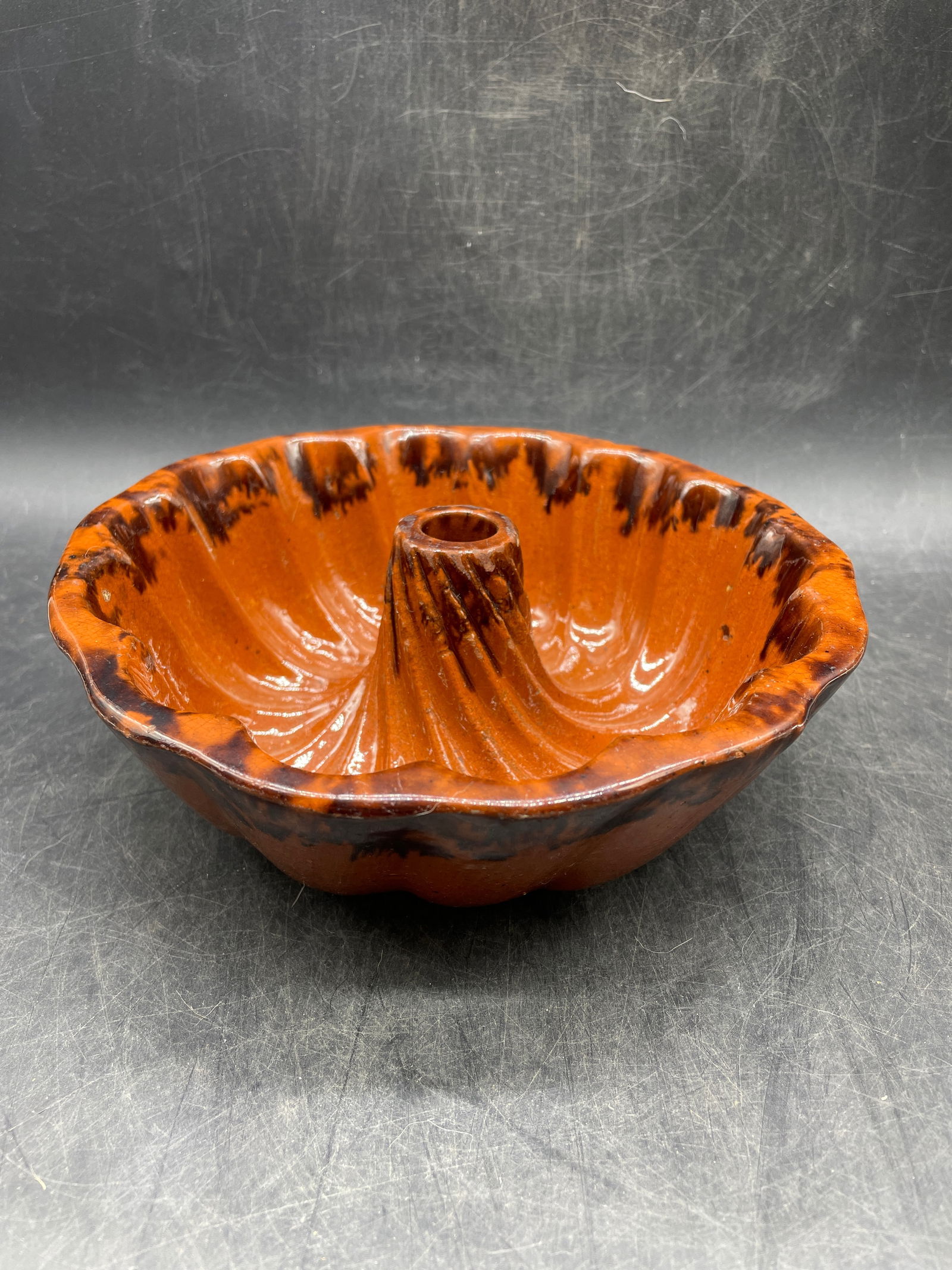 Turks Head Mold Redware Glazed Cake Pudding Mold: Title: Turks Head Mold Redware Glazed Cake Pudding Mold Date/Period: unknown Dimension: approx 7.5" x 2.6 Material: POTTERY Additional Information: Turks Head Mold Redware Glazed Cake Pudding Mold Shi