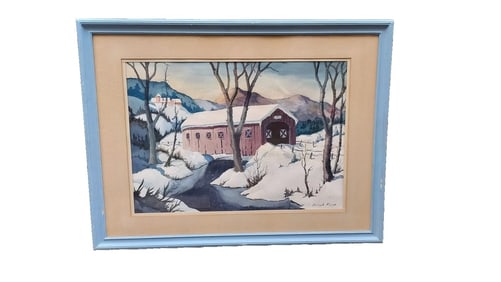 Covered Bridge Watercolor Painting Joseph Frank 1950