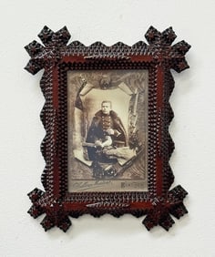 Tramp Art Frame w Soldier Photo Curved Sides