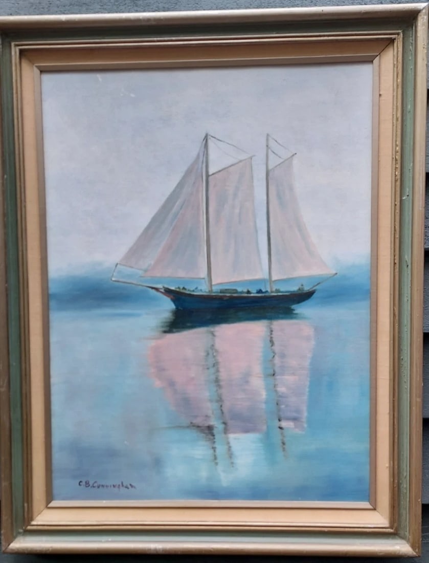 Oil painting Sailing Ship American Folk Art Painting 18 X 24 C.B. Cunningham (1 of 4)