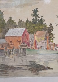Ocean coastal cottage boat watercolor unsigned New England 1940