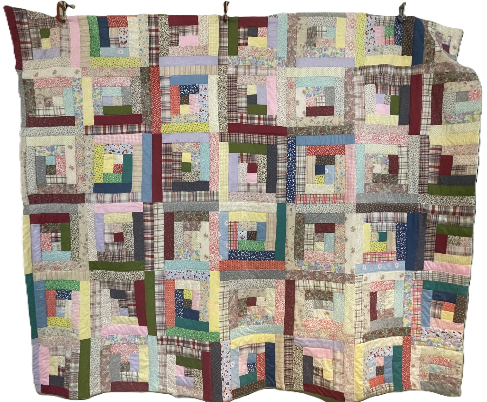 Primitive Farmhouse Quilt 92 x 78.5: Title: Primitive Farmhouse Quilt 92 x 78.5 Date/Period: approx 1930-40's Dimension: Approx. 92 x 78.5 Material: fabric Additional Information: Great old Farmhouse Quilt, handstiched with wonderful col