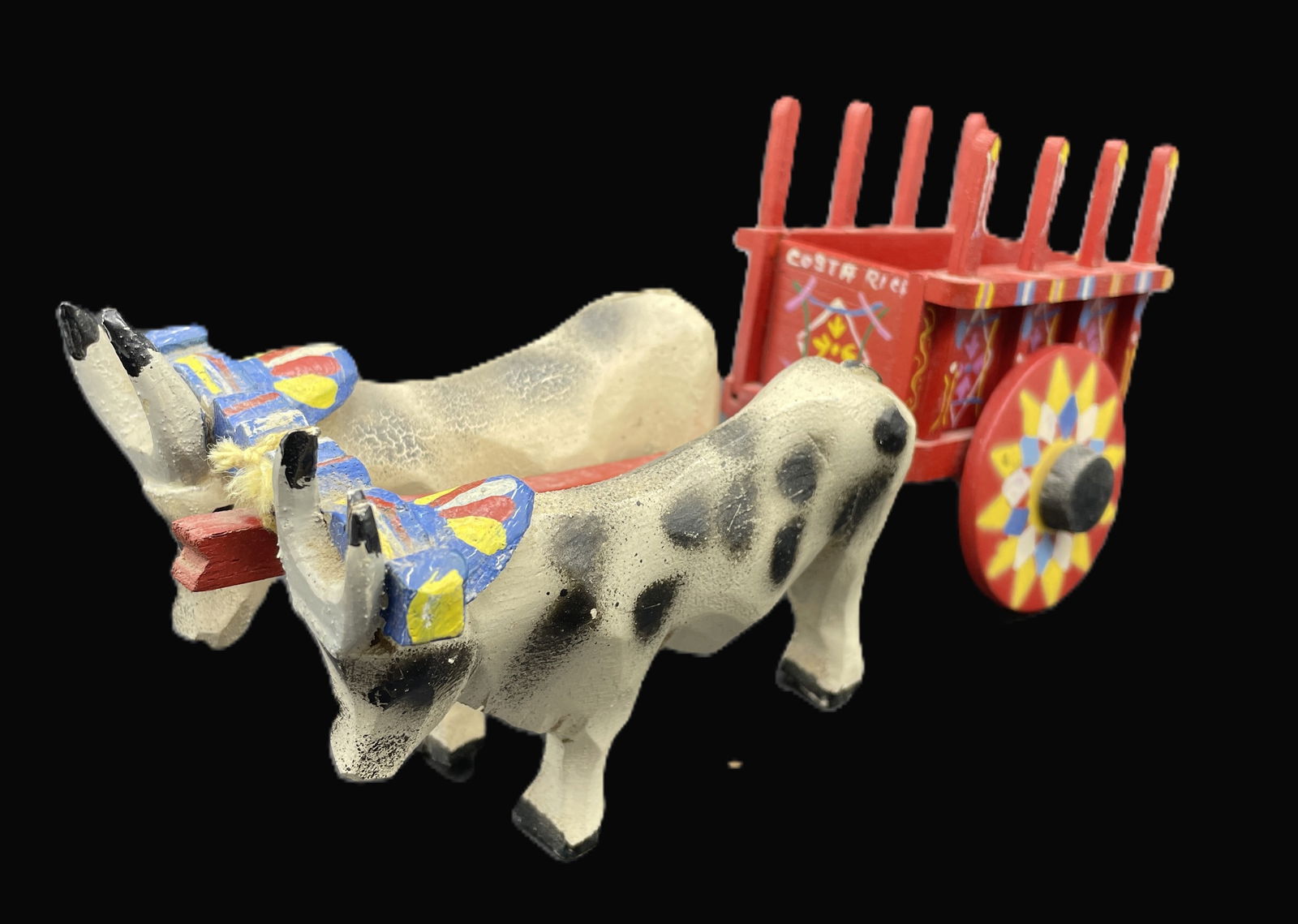 Primitive Folk Art Oxen Cart Handmade: Title: Primitive Folk Art Oxen Cart Handmade Date/Period: unknown Dimension: Approx. 7.5 x 3.5 x 2.5 Material: wood Additional Information: Primitive Folk Art Oxen Cart Handmade Marked Costa Rica Ship