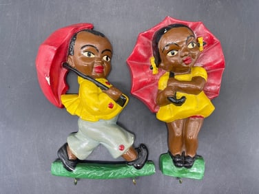 2 Pc Set - Vintage Black Americana Chalkware Wall Plaques - Boy & Girl Umbrellas