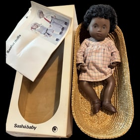 80`s SASHA Black Baby Cara DOLL by Trendon Wicker Basket Outfit MIB