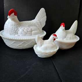 Set of 3 Milk Glass Westmoreland Hen on Nest Red on White Circa 1950's