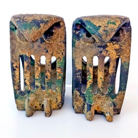 Cast Iron Brutalist MCM Owl Bookends in the Style of Isamu Noguchi Stamped Japan