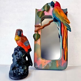 Parrots: Cast Iron Doorstop Bookend and Wood Carved Mirror (SIGNED)