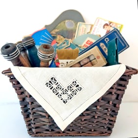 Vintage Willow Basket Containing a Mighty Fine Collection of Vintage Sewing Items