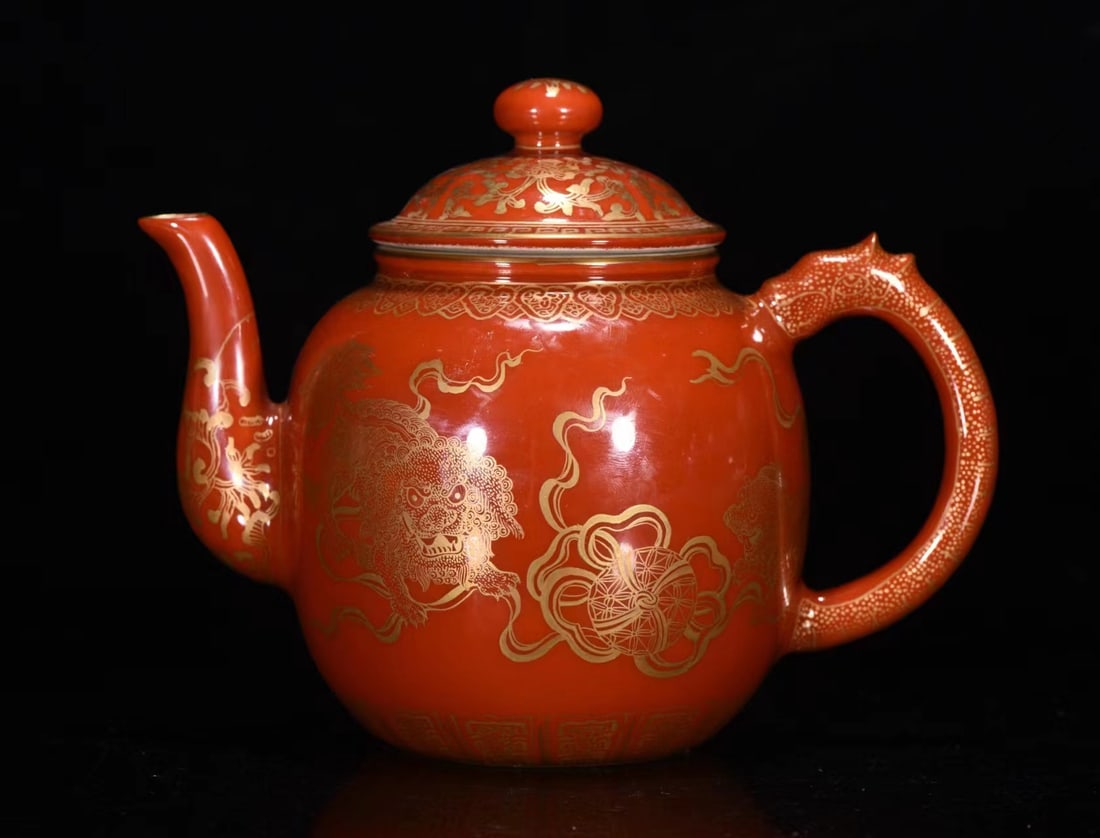 Chinese Gilt Gold Iron Red Glaze Porcelain Lion Teapot (1 of 9)