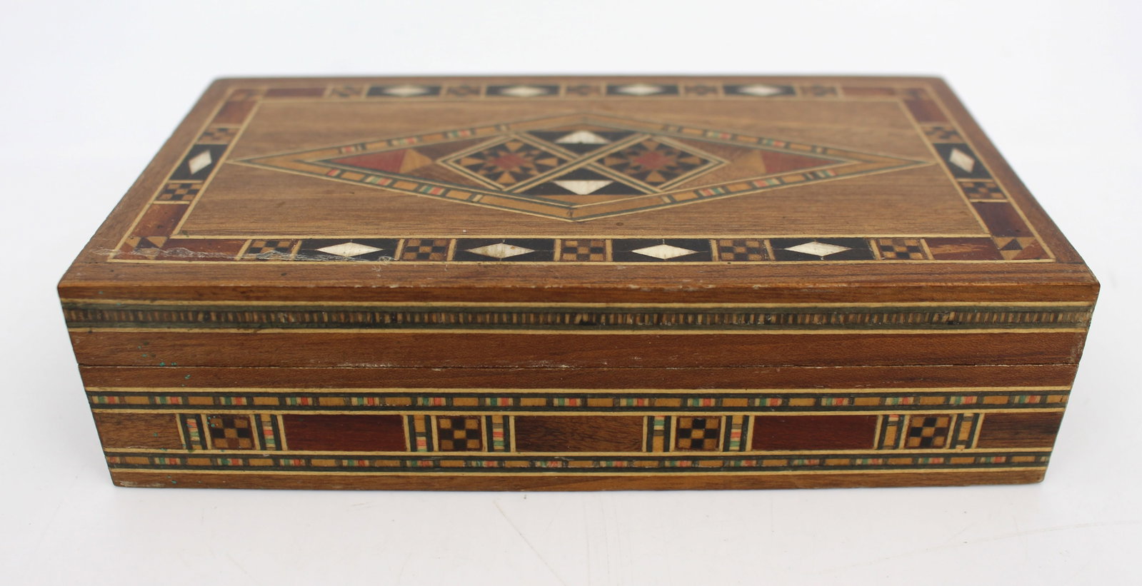 Decorative Inlaid Marquetry Wooden Box: Title: Decorative Inlaid Marquetry Wooden Box Description: Decorative Inlaid Marquetry Wooden Box Mid-20th Century A finely crafted rectangular wooden box featuring traditional marquetry inlay with ge