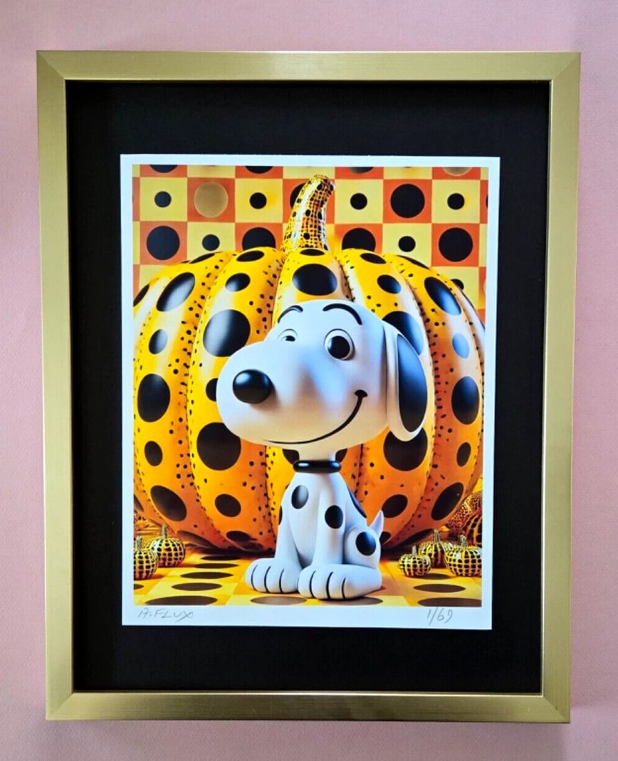 AIDAN FLUX | Hand Signed Authentic Ltd ED of 69 Print Framed Snoopy Pumpkin COAThis is a: This is a one-of-a-kind Hand Signed Authentic Giclee by AIDAN FLUX. From his Series "Universal Icons" The artist has created a stunning piece of art that features a powerful message. The print is 10x8