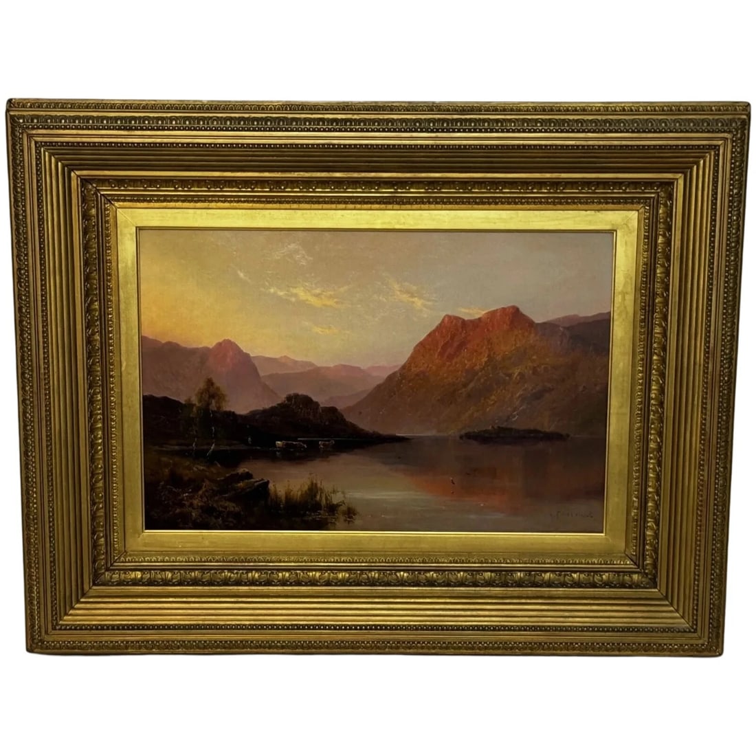 Lake Windermere Glowing Sunset Landscape Oil by Alfred de Breanski Jr C1920: Lake Windermere Glowing Sunset Landscape Oil by Alfred de Breanski Jr C1920 Description “Lake Windermere at Sunset” – Glowing British Antique Landscape Oil by Alfred de Breanski Jr.
