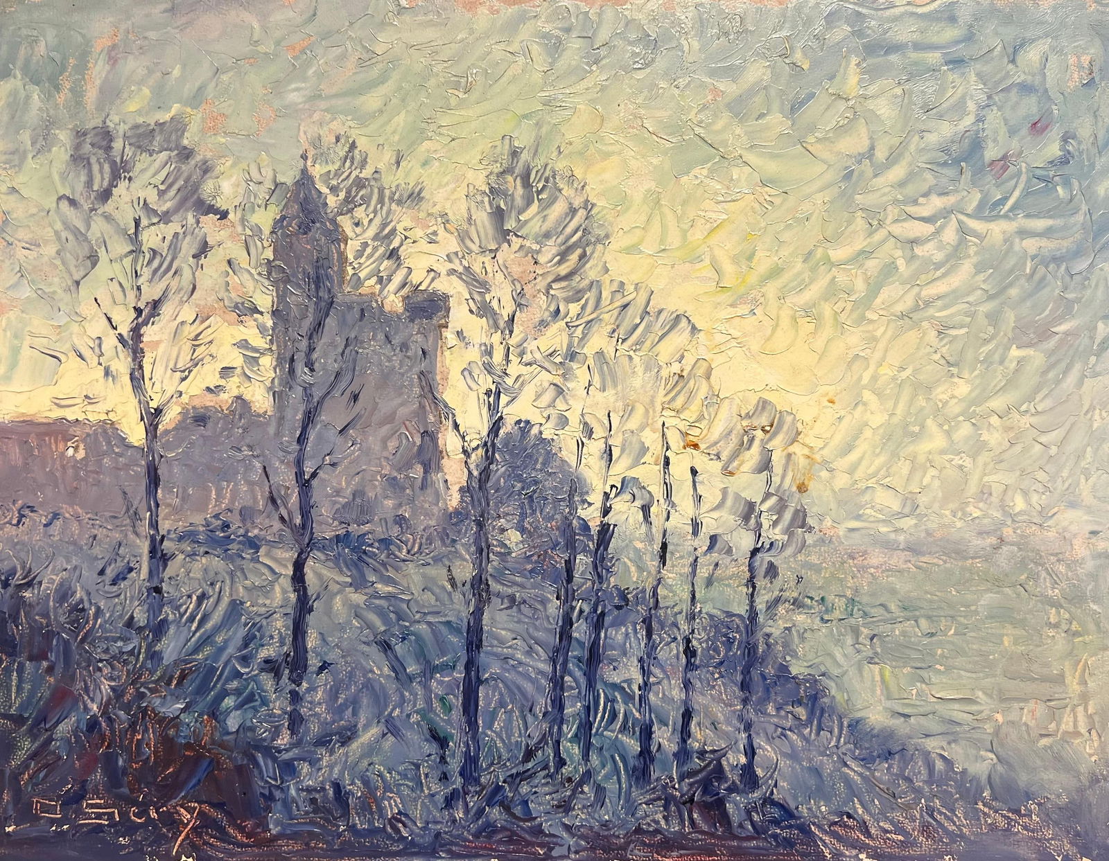 Vintage French Impressionist Oil Landscape Castle Silhouette Bare Trees at Dawn mid 20th Century (1 of 14)