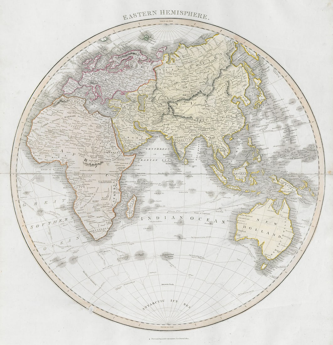 Eastern hemisphere. Europe Africa Asia Australasia. THOMSON 1830 old map: Eastern hemisphere'. Drawn & engraved for John Thomson's "New General Atlas". Published 1830. Antique early 19th century atlas map with original hand colouring. Size 55 x 53 cm | 21.5 x 21.0 inches. C