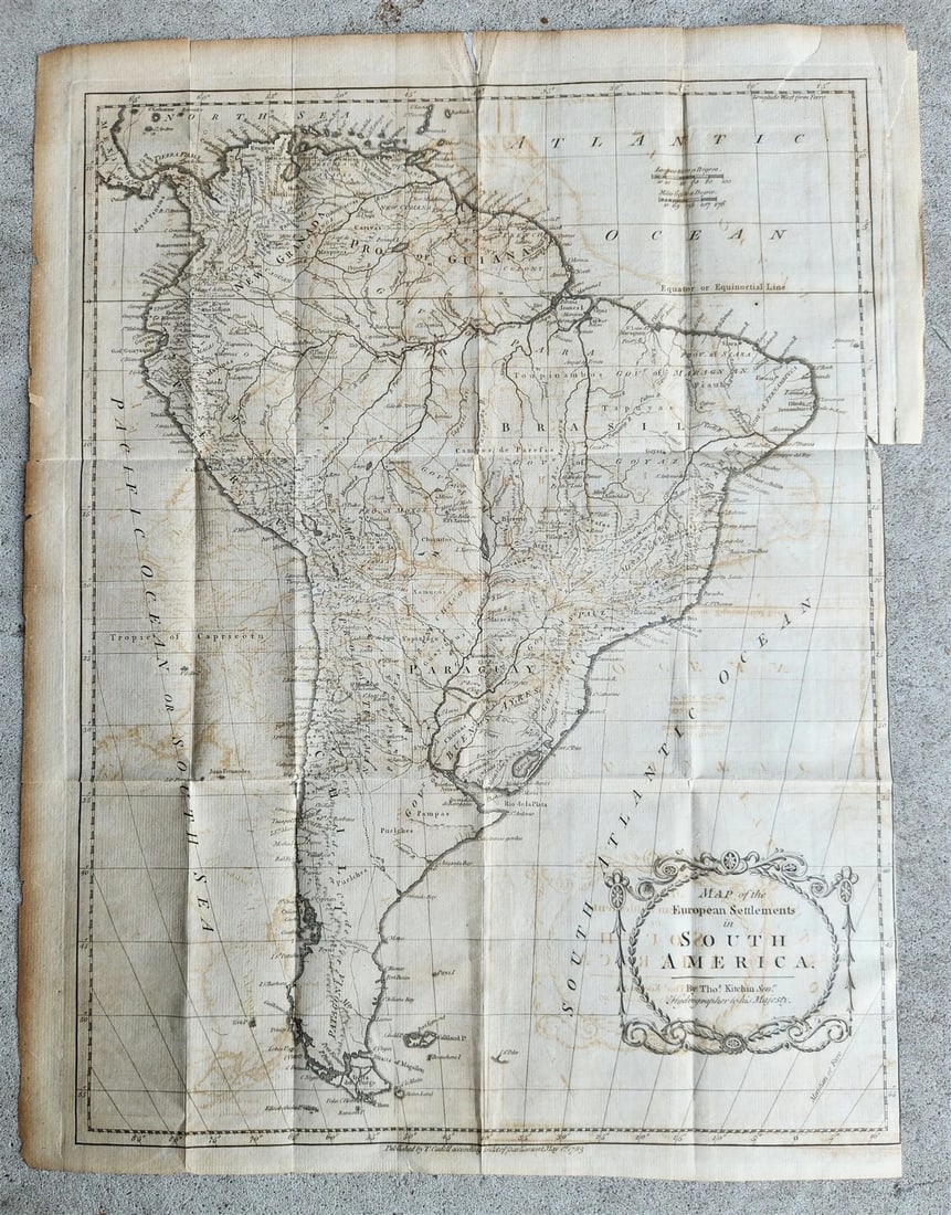 1783 MAP of EUROPEAN SETTLEMENTS in SOUTH AMERICA Antique: MAP of EUROPEAN SETTLEMENTS in SOUTH AMERICA T. Cadell; 1783 Good condition, folds, some minor repaired with archival tap marginal tears Size 14 by 19 inches Reserve: $201.00 Shipping: Domestic: 