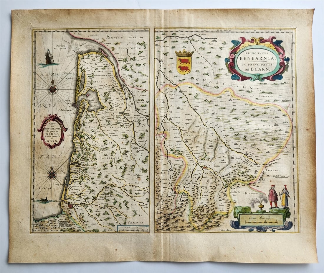 1640 MAP of FRANCE BEARN by WILLEM BLAEU antique AUTHENTIC hand colored (1 of 5)