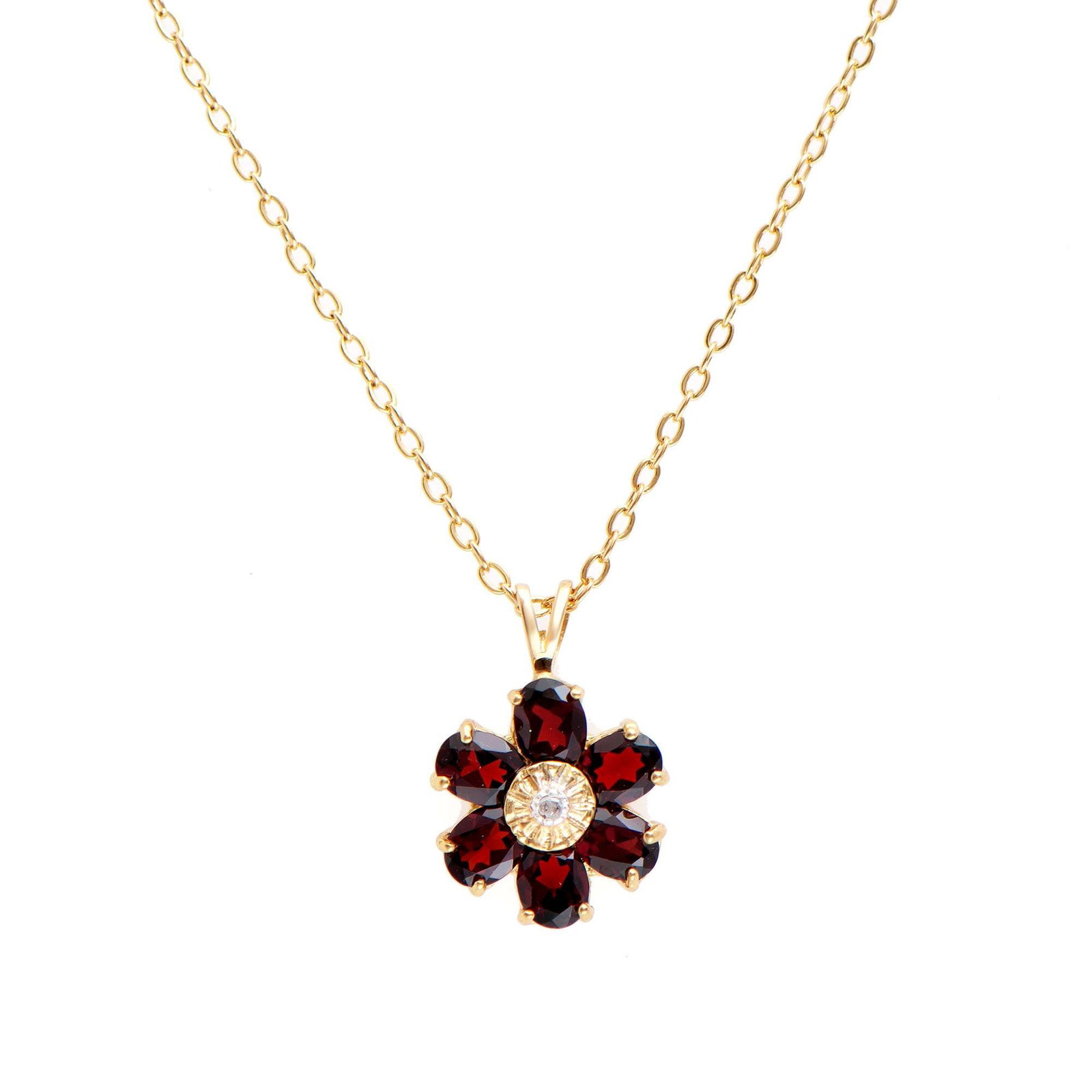 2.26 ctw Garnet & Diamonds 18K Gold Plated Designer Pendant 18 in: Title: 2.26 ctw Garnet & Diamonds 18K Gold Plated Designer Pendant 18 in Stone 1: Garnet Color: Brown Shape: Oval Size: 5x4 Quantity: 6 CTW: 2.25 Stone 2: Diamonds Color: H-I Shape: Rounds Size: 1.2mm