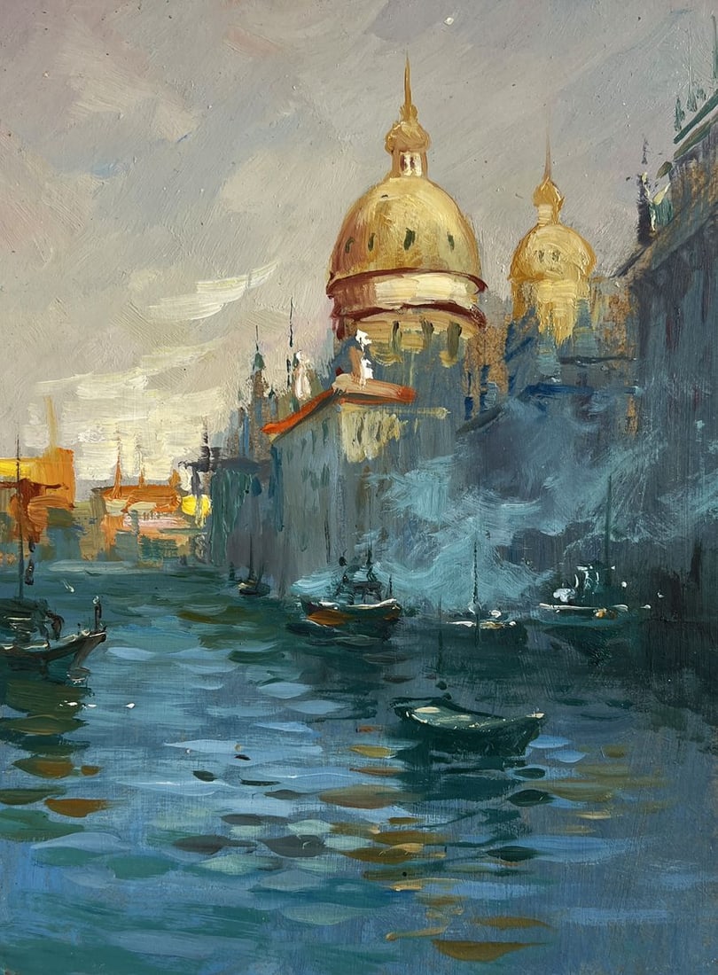 Oil painting Sunset over Venice Yuriy Suprunchuk: №AAA4435 The painting "Sunset Over Venice" captures the timeless beauty of the Venetian canals bathed in the warm glow of the setting sun. The composition is dominated by the grandeur of the gol