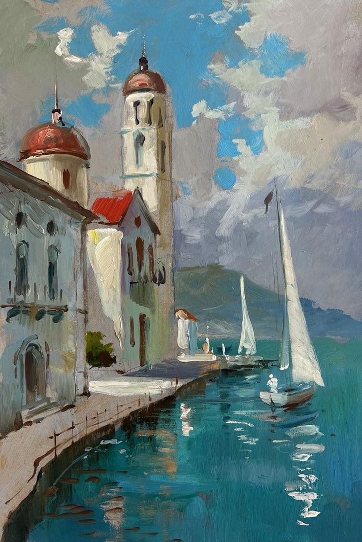 Oil painting City on the water and white sails Yuriy Suprunchuk: №AAA4454 The painting "City on the Water and White Sails" beautifully captures the harmony between architectural splendor and the gentle movement of the sea. With a combination of cool and warm