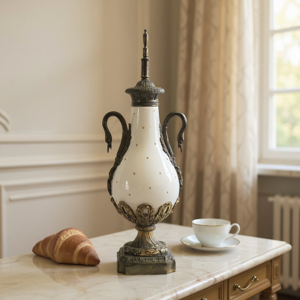 Exquisite Gilt Bronze & Porcelain Swan-Handled Urn: Title:Exquisite Gilt Bronze & Porcelain Swan-Handled Urn Description:This stunning decorative urn is a breathtaking example of late 19th-century European craftsmanship, a true testament to the eleganc