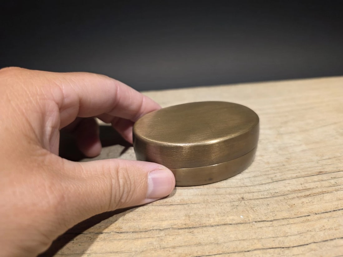 3" Brass Tobacco Snuff or Pill Box Ring Container Box: Nice reproduction of an antique brass container, well made with tight fitting top... Small containers like this many times were used to store pills or snuff throughout history. Made of brass just like