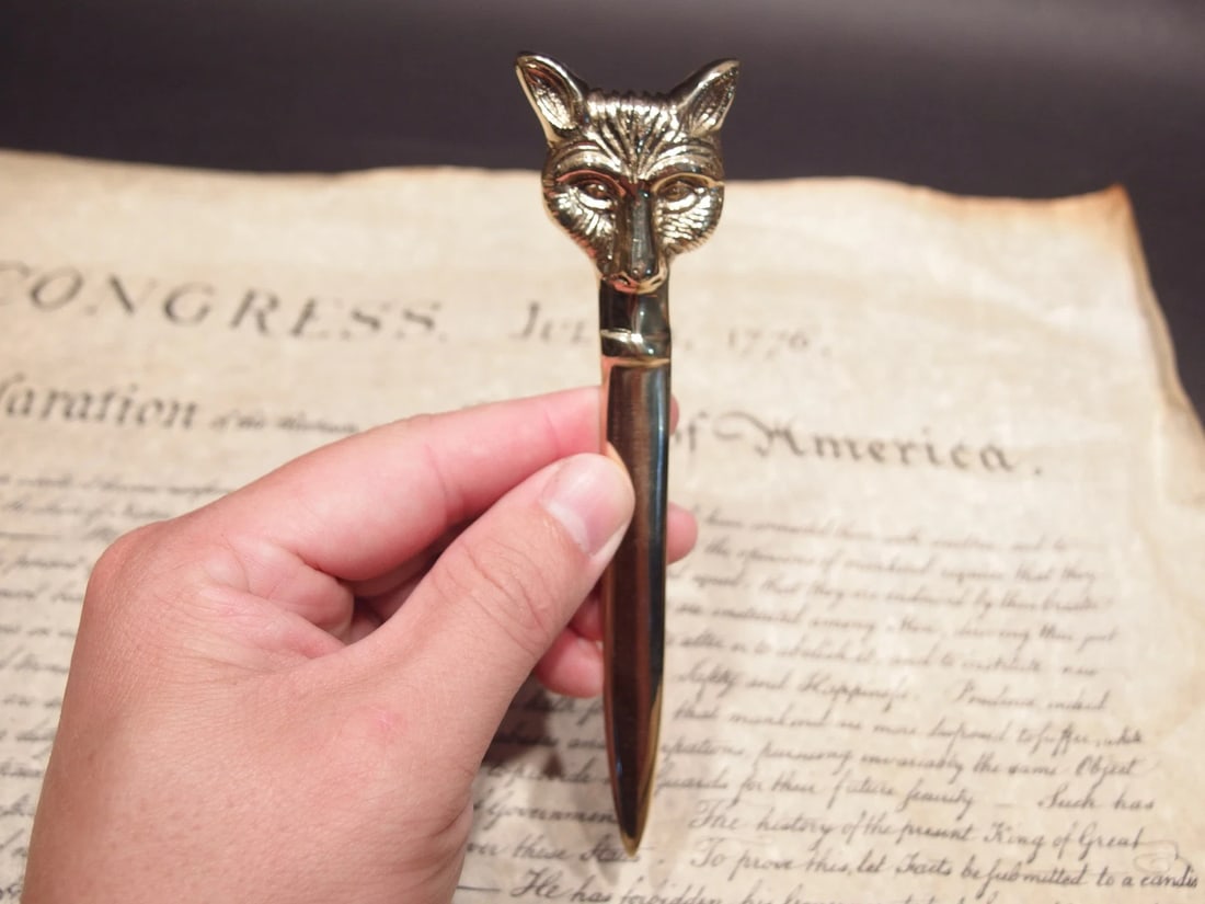 Brass Fox letter opener Hunting Desk Collectible: 6" long x 1 1/2" Wide Well made heavy solid brass fox letter opener. Great for use or display in any early home decor Reserve: $10.00 Shipping: Domestic: Flat-rate of $7.00 to anywhere within the cont