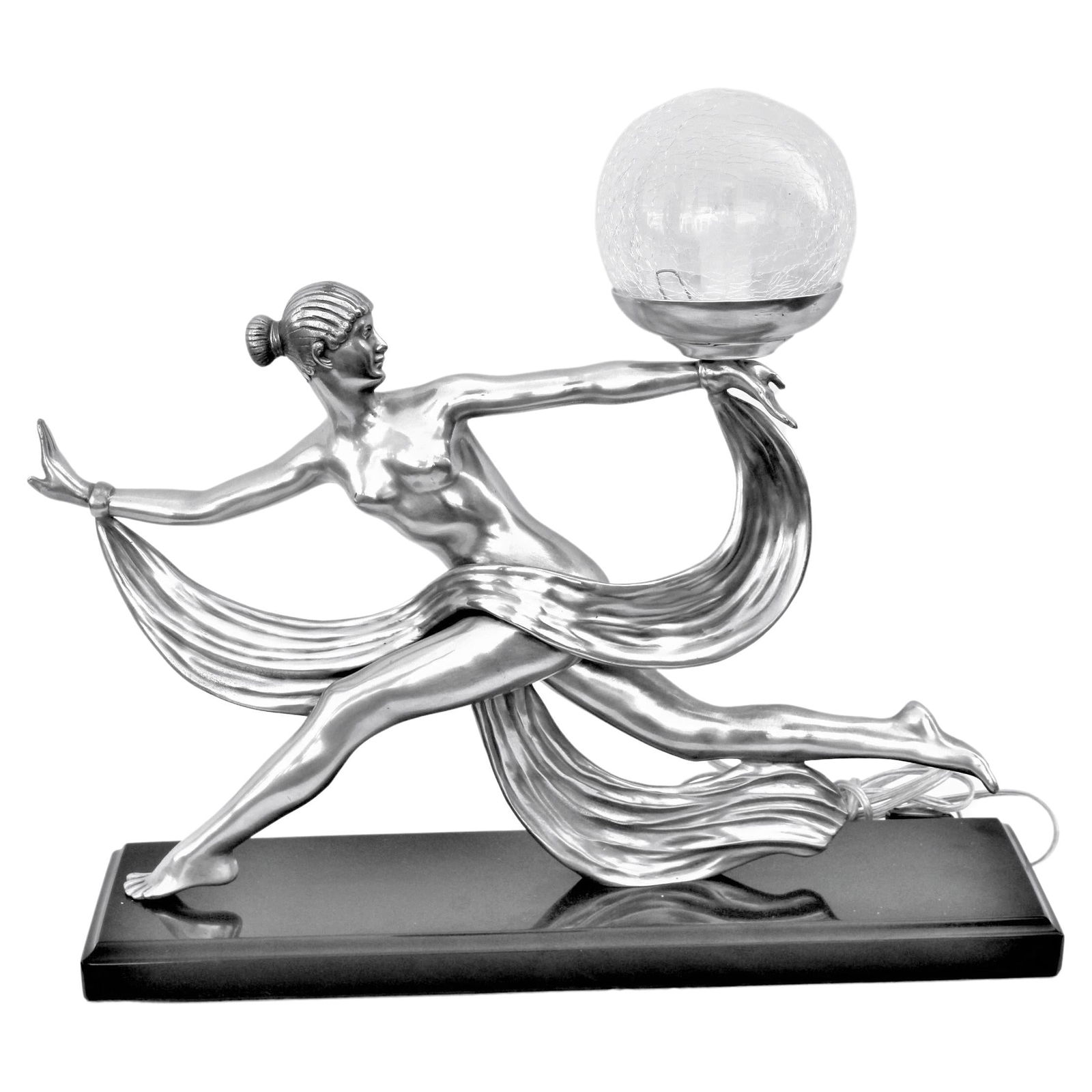 Art Deco Lamp/after A.Ouline Silvered Bronze: A graceful lady in a dance pose holding a long scarf. In hi- details in a polished Antique Silver patina. Contemporary cast after the Artist A Ouline. And mounted on a absolute black marble base as a