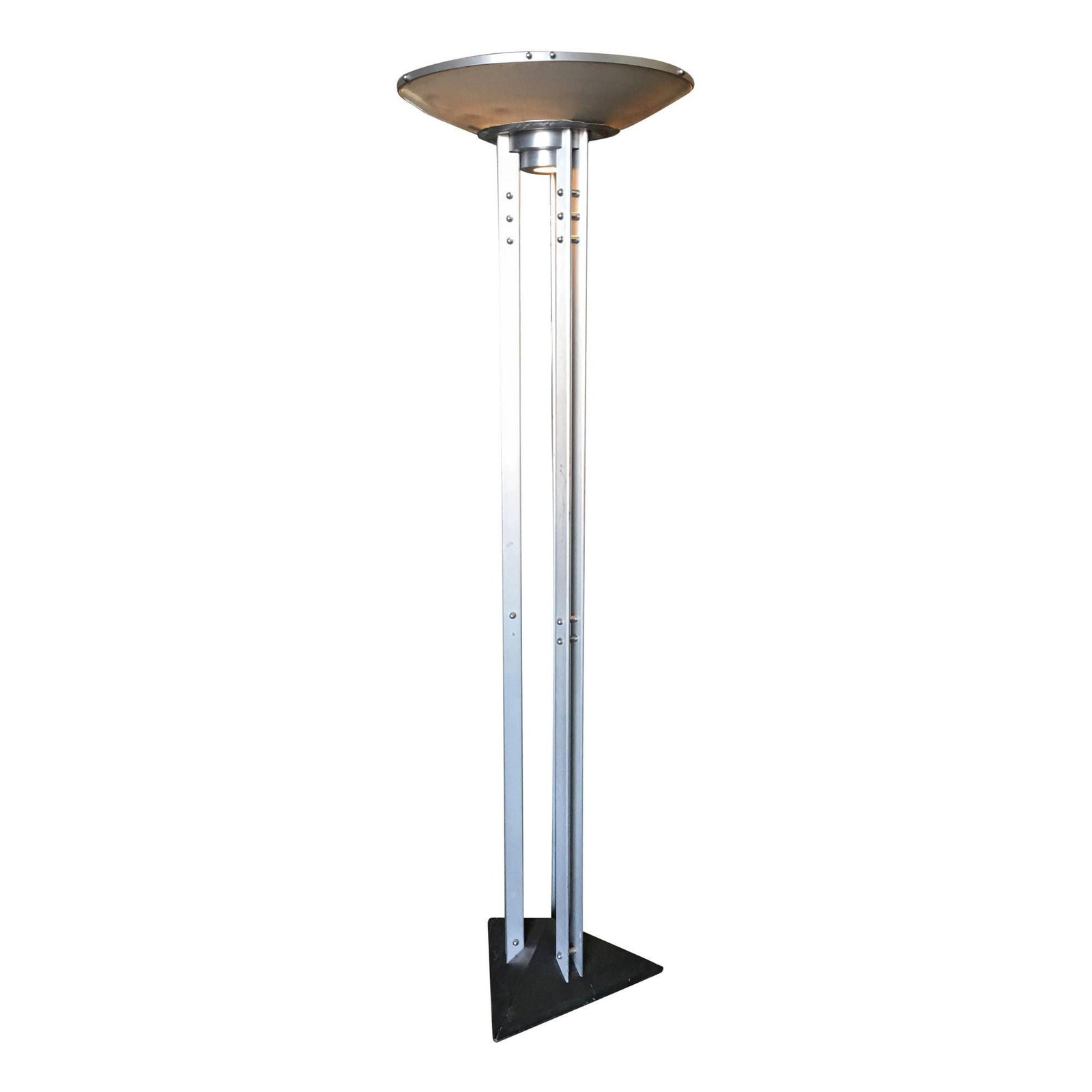 Memphis Style Robert Sonneman "Echoes of Vienna" Floor Lamp for Kovacs, 1987: About the Item Robert Sonneman's "Echoes of Vienna" metal industrial Floor Lamp for Geroge Kovacs lighting. This lamp features an aluminum and steel construction with a grey silver-tone polish to the